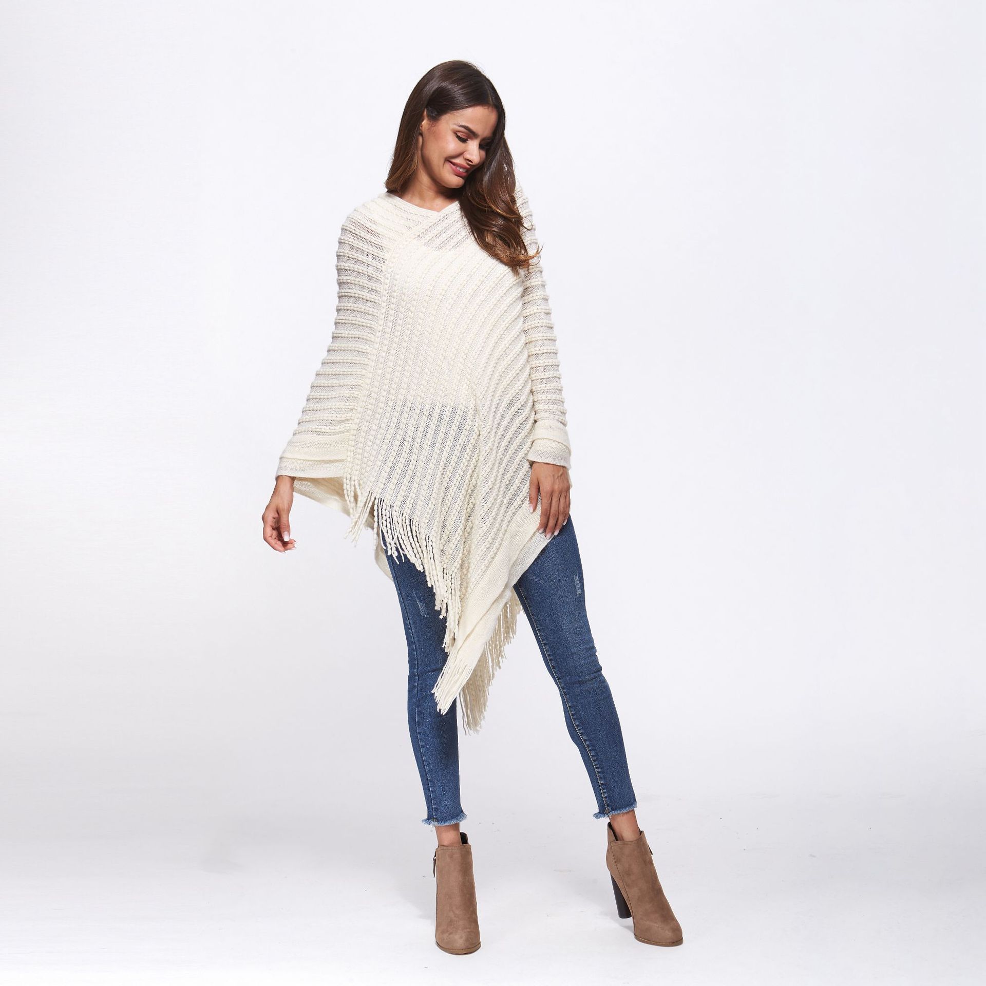 SZ60183-1 Loose Style Tassels Knit Irregular Cloak Sweater